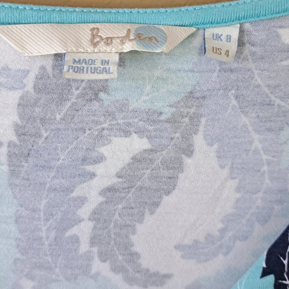 Boden Marion Blue Leaf Print Jersey Tunic Mini Size 4 V-neck 3/4 Sleeve - Picture 8 of 13